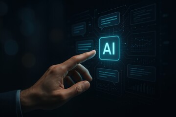 Fototapete - The Dawn of AI: A human finger interacting with an AI interface, signifying innovation, technology, and the future of human-computer interaction.