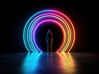 Poster - Figure standing before a vibrant, multicolored neon portal. A doorway to another dimension.