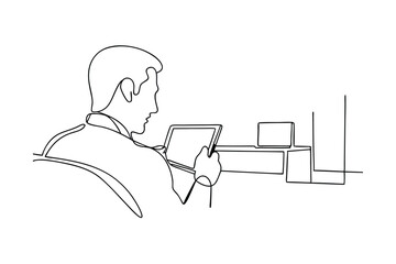 Poster - Businessman Working on Tablet Minimalist Line Art Drawing