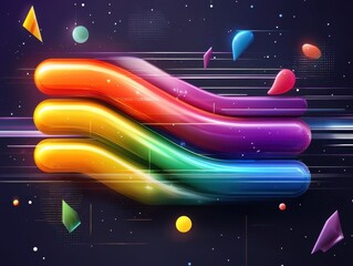Poster - Abstract vibrant colors in layered 3D design with digital elements against a dark space background.