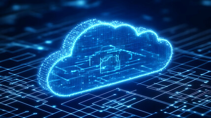 Digital Cloud Illustration in Blue Abstract Style on Dark Circuit Background