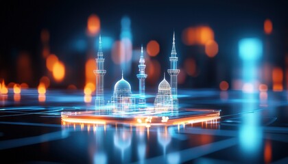 Poster - Architectural design of place of worship showcasing digital wireframe with vibrant blue and orange highlights.