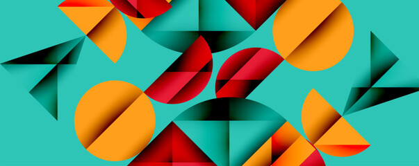 Wall Mural - Abstract geometric background with layered gradient shapes forming dynamic patterns. Overlapping semi circles and triangles create depth and contrast