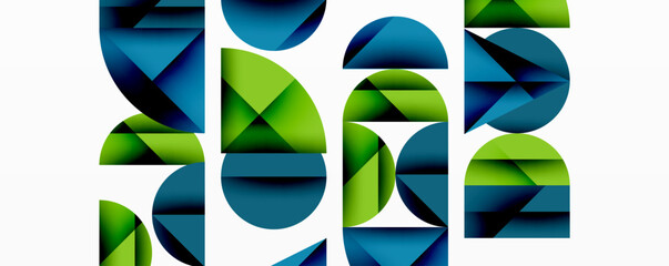 Wall Mural - Abstract geometric pattern with intersecting circles and triangles in gradients. The high-contrast composition creates depth and a dynamic, modern aesthetic