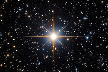 a bright star with prominent diffraction spikes is surrounded by numerous small stars in a clear nig
