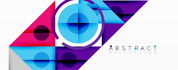 Wall Mural - Geometric abstract design with layered triangles, circles, and gradients, forming a structured pattern with sharp contrasts and depth