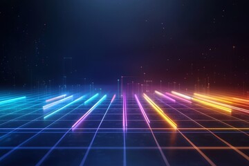 Poster - Vibrant grid with glowing lines and geometric points against a dark backdrop with a futuristic ambiance.