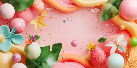 Poster - A vibrant display of pastel-colored spheres, tropical leaves, and abstract shapes against a pink background.