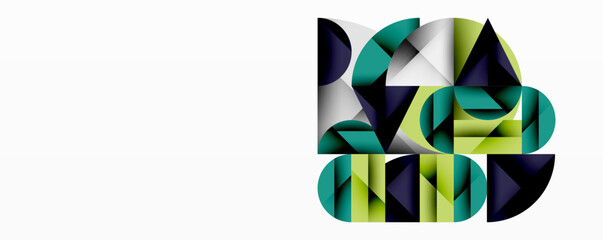 Wall Mural - Abstract geometric artwork with overlapping circles and gradients, circle square triangle shapes background featuring sharp angular cuts, smooth shading, and structured layered composition