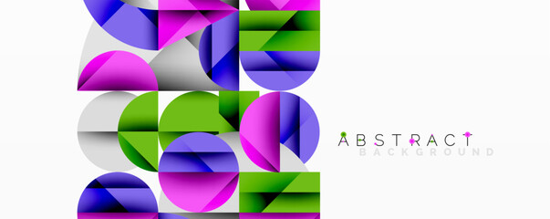 Wall Mural - Abstract geometric artwork with overlapping circles and gradients, circle square triangle shapes background featuring sharp angular cuts, smooth shading, and structured layered composition