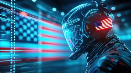Poster - Cybernetic Patriot: A futuristic figure with the image of a national flag projected onto their visor.