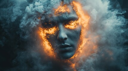 Wall Mural - smoke from a businessman's head symbolizes stress, burnout, and mental health challenges in the work