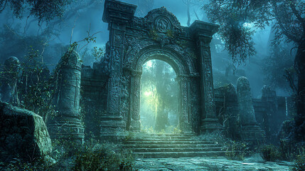 Poster - Ancient gate nestled in a dense forest surrounded by lush greenery creating an ethereal scene of mythical landscapes and lost kingdoms.