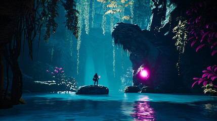 Poster - Mysterious man standing in a dark cave with intricate rock formations and soft ambient light illuminating the enchanted mythical landscape.