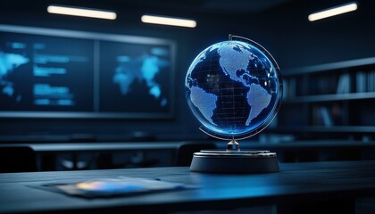 Poster - Digital Globe: A high-tech globe illuminates a dark office, symbolizing global connection and exploration.
