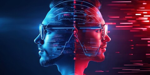 Poster - cyberpunk duality: a split portrait illuminated by blue and red digital streams, blending identity a