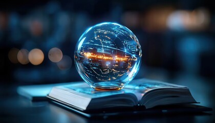 Poster - A transparent orb rests on an open book, reflecting a futuristic cityscape in shades of blue and orange.