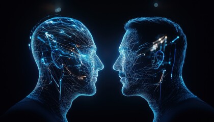 Poster - Digital face-off: Two interconnected human face profiles against a stark black background.