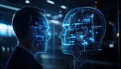 Poster - Artificial intelligence interacting with human, concept of future technology, deep learning, and automation.