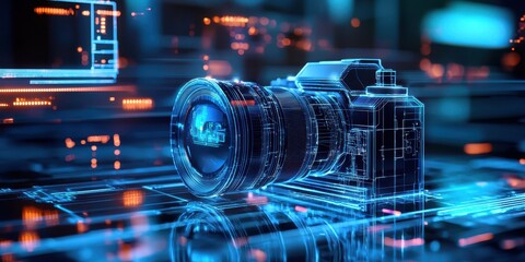 Poster - Digital Camera Blueprint: High-tech design of a futuristic camera on an illuminated digital surface.