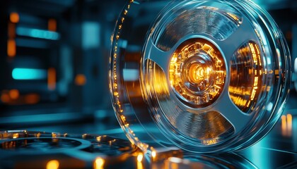 Poster - Futuristic reel with illuminated core, shimmering film, and abstract background with teal and orange lighting.