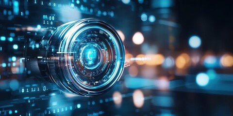 Poster - Futuristic technology with bright blue lens and digital data, showcasing innovation and connectivity.