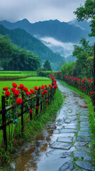 Wall Mural - A path with a fence of red roses and a mountain in the background