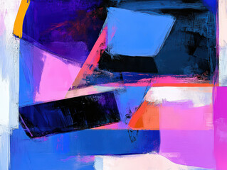 Wall Mural - A painting with a blue background and pink and orange shapes