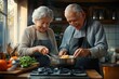 © letter - Elderly Couple Cooking Together in Cozy Kitchen Laughing and Enjoying Breakfast Routine