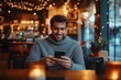 © letter - Young African man using smartphone for online payment in cozy cafe atmosphere with warm lighting