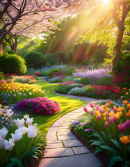 Poster - A vibrant garden path surrounded by colorful flowers and sunlight filtering through the trees creates a serene and picturesque scene