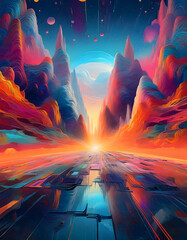 Poster - A vibrant, surreal landscape featuring colorful mountains, a glowing horizon, and a cosmic atmosphere, evoking a sense of wonder and otherworldliness