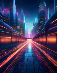 Poster - A vibrant, futuristic cityscape featuring glowing skyscrapers and illuminated pathways, showcasing advanced technology and a mesmerizing atmosphere