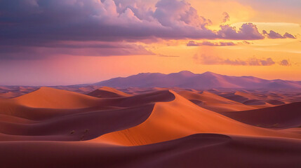 Poster - Enchanting sunset over the sahara desert showcasing a soft ambient glow that illuminates the undulating dunes and creates a dreamy landscape.