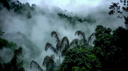 Poster - Mystical forest enveloped in fog creating a dreamlike atmosphere with dramatic contrast between light and shadows in nature's embrace.
