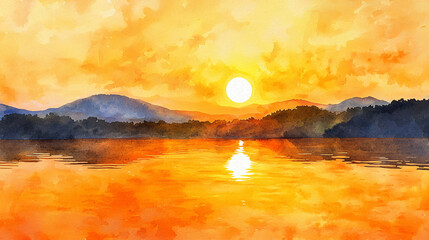 Poster - A serene sunset over a tranquil lake with colorful reflections in the water and a golden sky emphasizing nature's beauty.