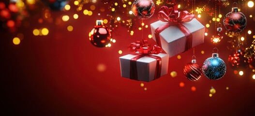Poster - Christmas Gift Boxes Hanging Ornaments Holiday Lights Red Background 3D Render