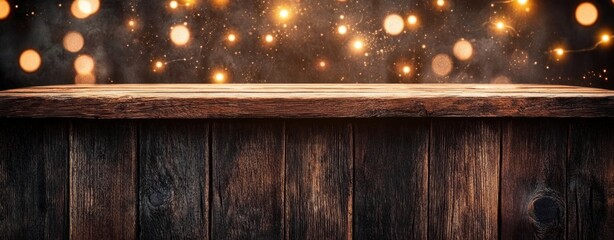 Aufkleber - Rustic Wooden Table with Golden Christmas Bokeh on Black Stone Wall for Holiday Decoration