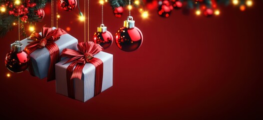 Poster - Christmas Gift Boxes with Red Ribbons Surrounded by Hanging Ornaments and Glowing Lights on Vibrant Background