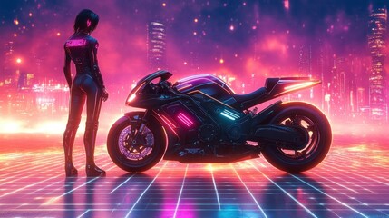 Poster - Futuristic Neon Cyberpunk Scene with High-Tech Motorcycle and Vibrant Grid Landscape