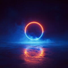 Poster - Abstract Neon Portal: Glowing Ring with Reflections on Watery Surface and Atmospheric Mist Effects