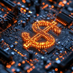 Leinwandbilder - Digital Currency: A Glowing Dollar Sign Embedded in a Modern Computer Motherboard, Representing Financial Technology 
