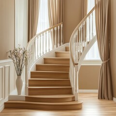 Aufkleber - Elegant Curved Staircase with Wooden Steps and Neutral Toned Drapes, Classic Interior Design Elements