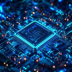 Leinwandbilder - Futuristic glowing CPU chip on a circuit board, showcasing technology, innovation, and the power of computing in a high-tech blue and orange atmosphere.