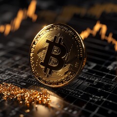 Poster - Golden Bitcoin on Financial Graph: Symbol of Cryptocurrency and Decentralized Finance with Glimmering Detail