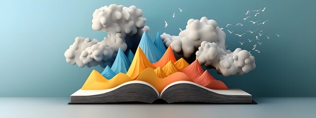 Poster - A 3D rendered digital artwork depicting a conceptual representation of the distribution and prevalence of various literary genres showcased through a landscape of mountains and an open book