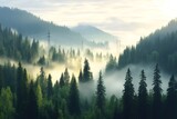 Golden sunrise illuminating foggy pine forest with power lines