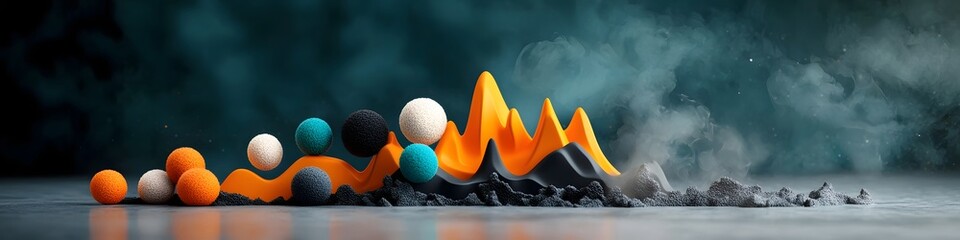 Poster - A 3D rendered visualization of the frequency modulation FM process used in radio broadcasting depicting abstract shapes colors