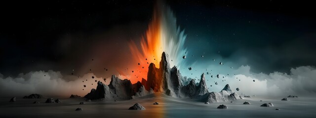 Poster - A captivating and visualization of a powerful volcanic eruption with molten lava and explosive forces shaping a surreal and mysterious mountainous terrain