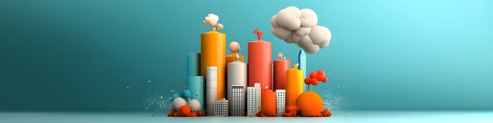Poster - a digital depicting a futuristic cityscape with abstract geometric shapes and buildings representing